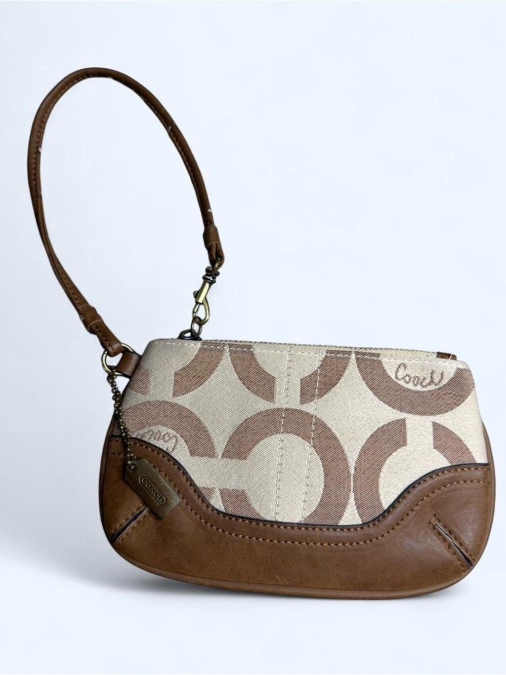 Coach Beige & Brown Signature Canvas Wristlet with Leather Trim